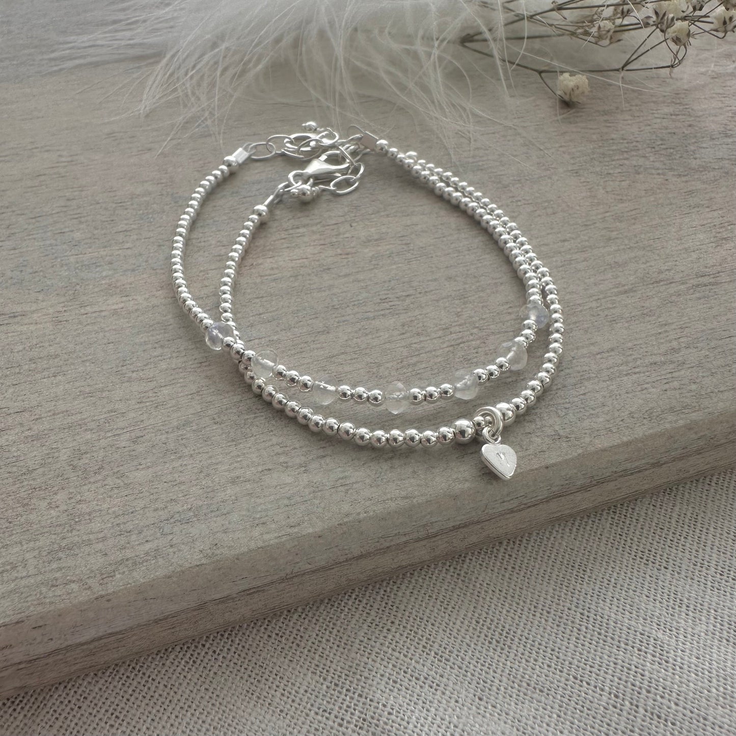 Rainbow Moonstone Layering Bracelet Set, Flashy Personalised June Birthstone Jewellery