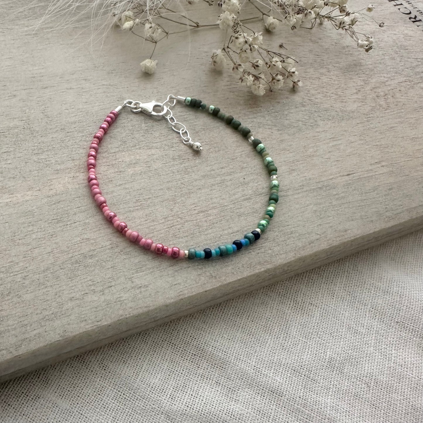 Pink blue green shade Bracelet with seed beads