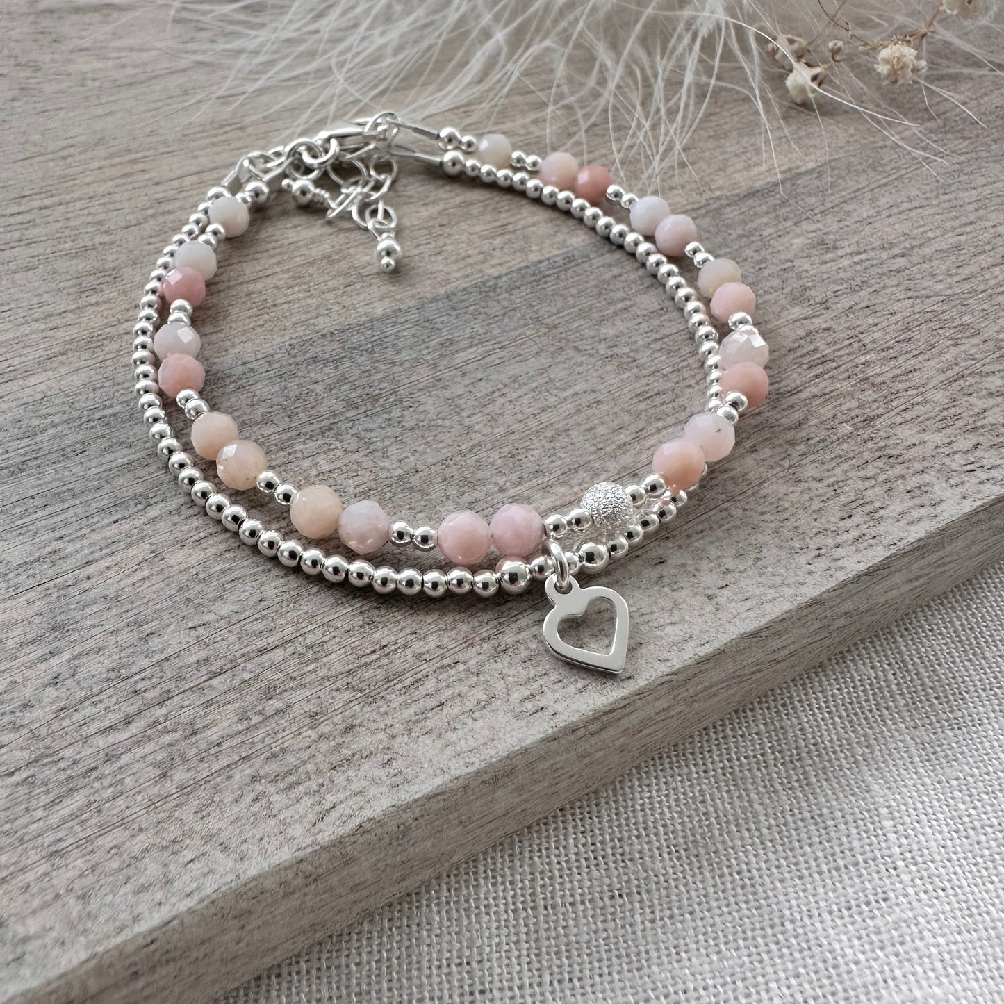 Set of 2 Pink Opal Bracelets, October Birthstone