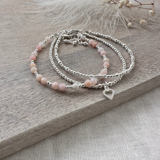 October Birthstone Pink Opal Bracelet Set, Dainty Sterling Silver Stacking Bracelets for Women