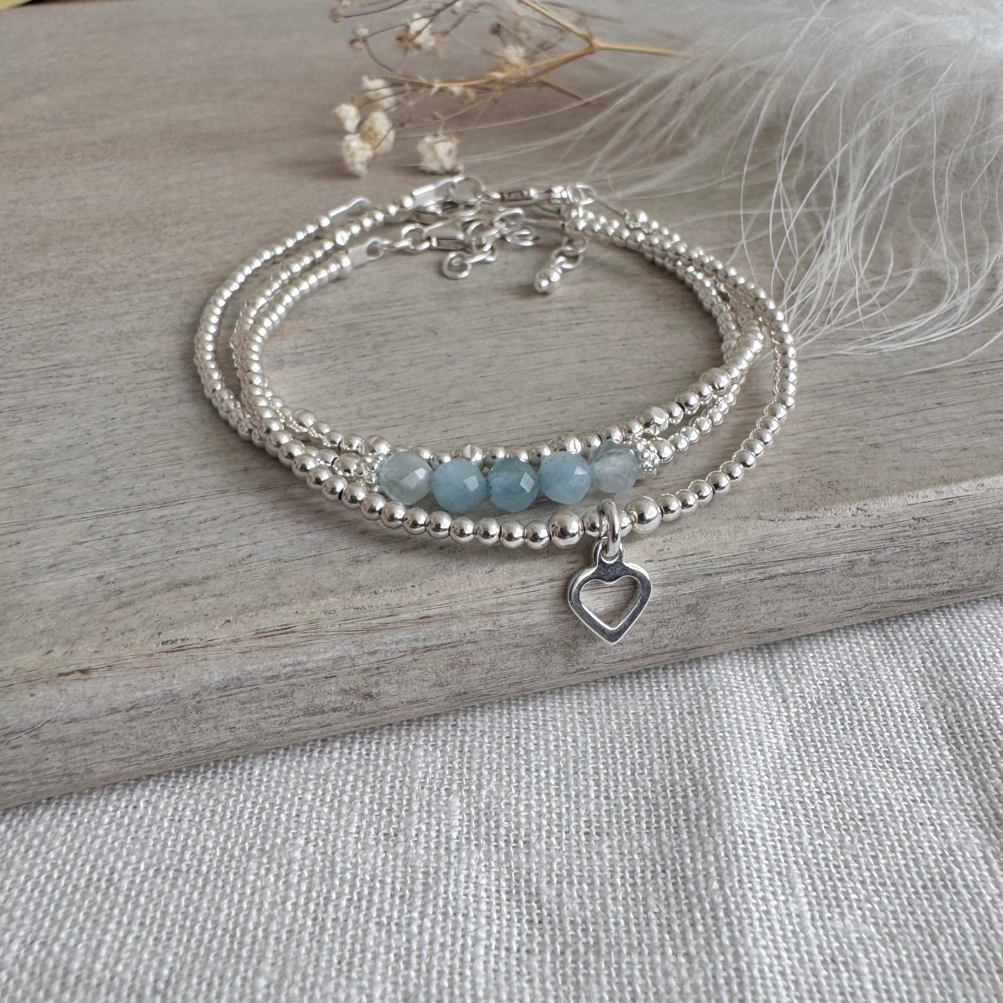 A Dainty March Birthstone Aquamarine Bracelet Set, March Stacking Bracelets for Women in Sterling Silver