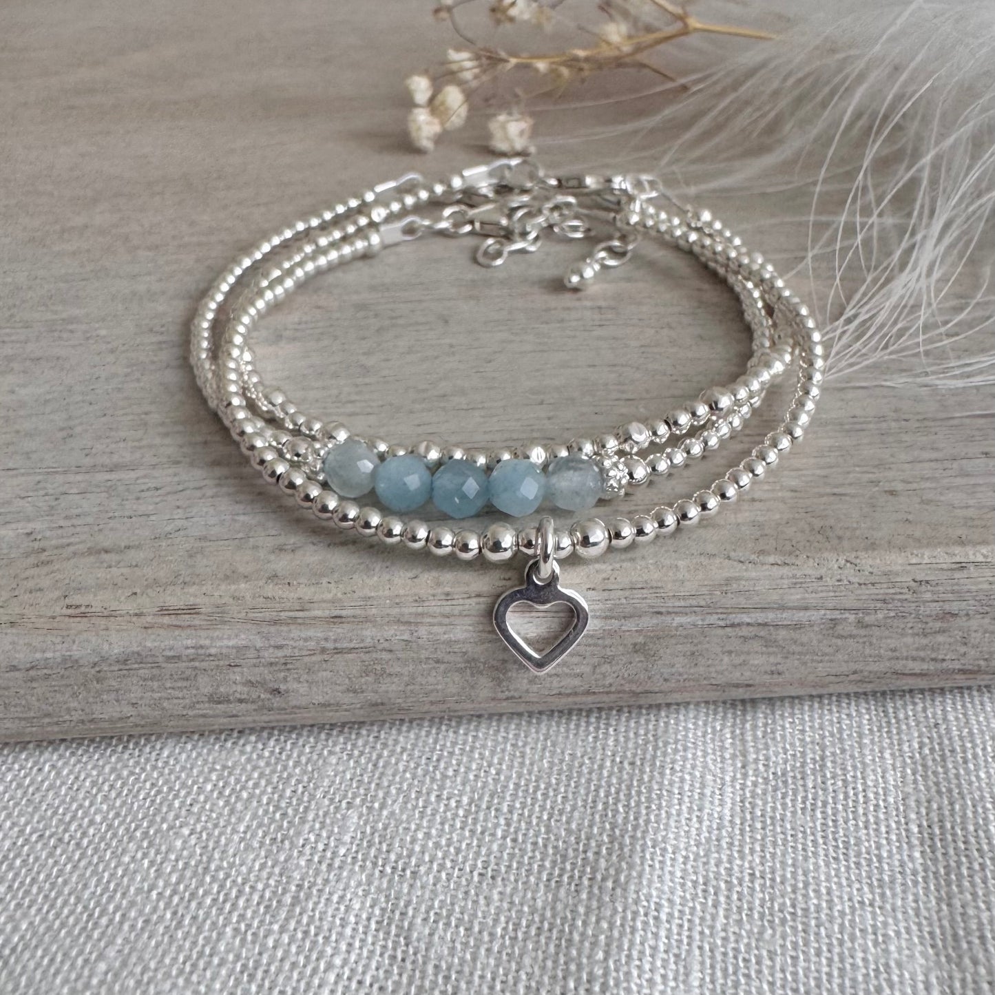 A Dainty March Birthstone Aquamarine Bracelet Set, March Stacking Bracelets for Women in Sterling Silver