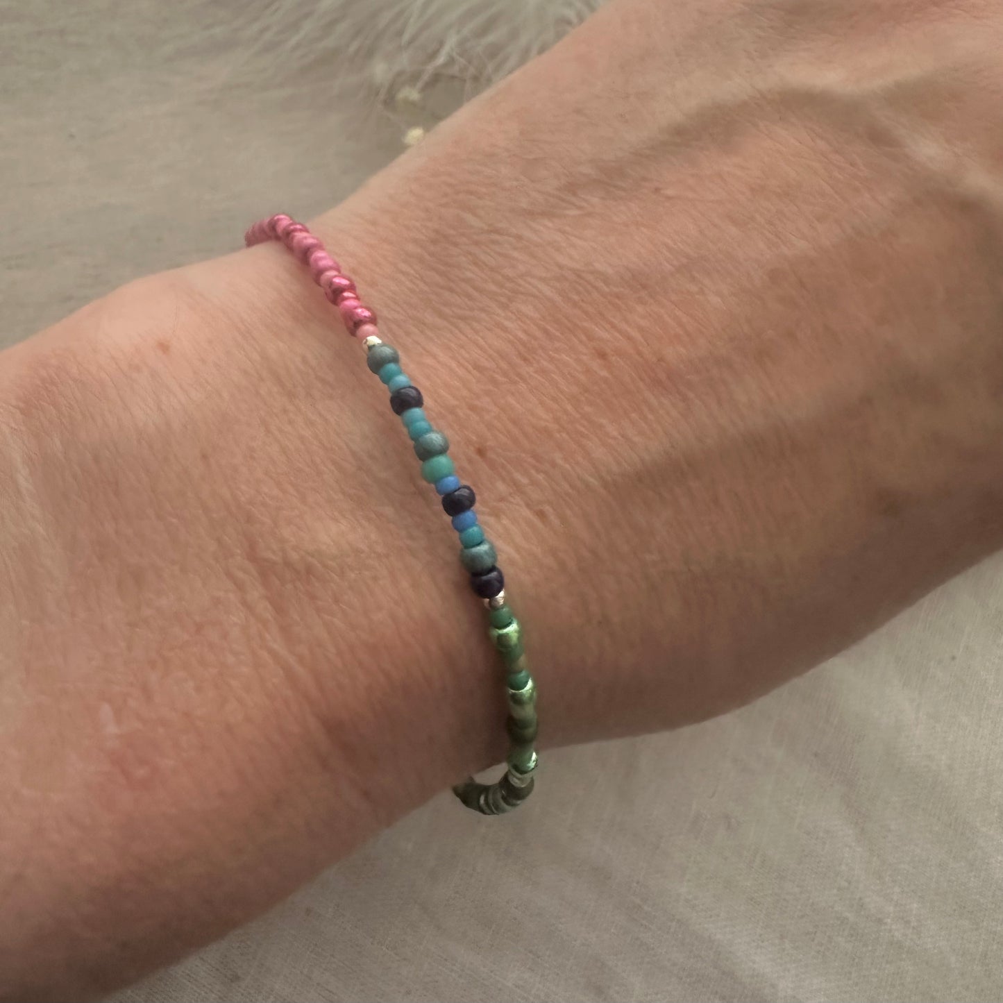 Pink blue green shade Bracelet with seed beads