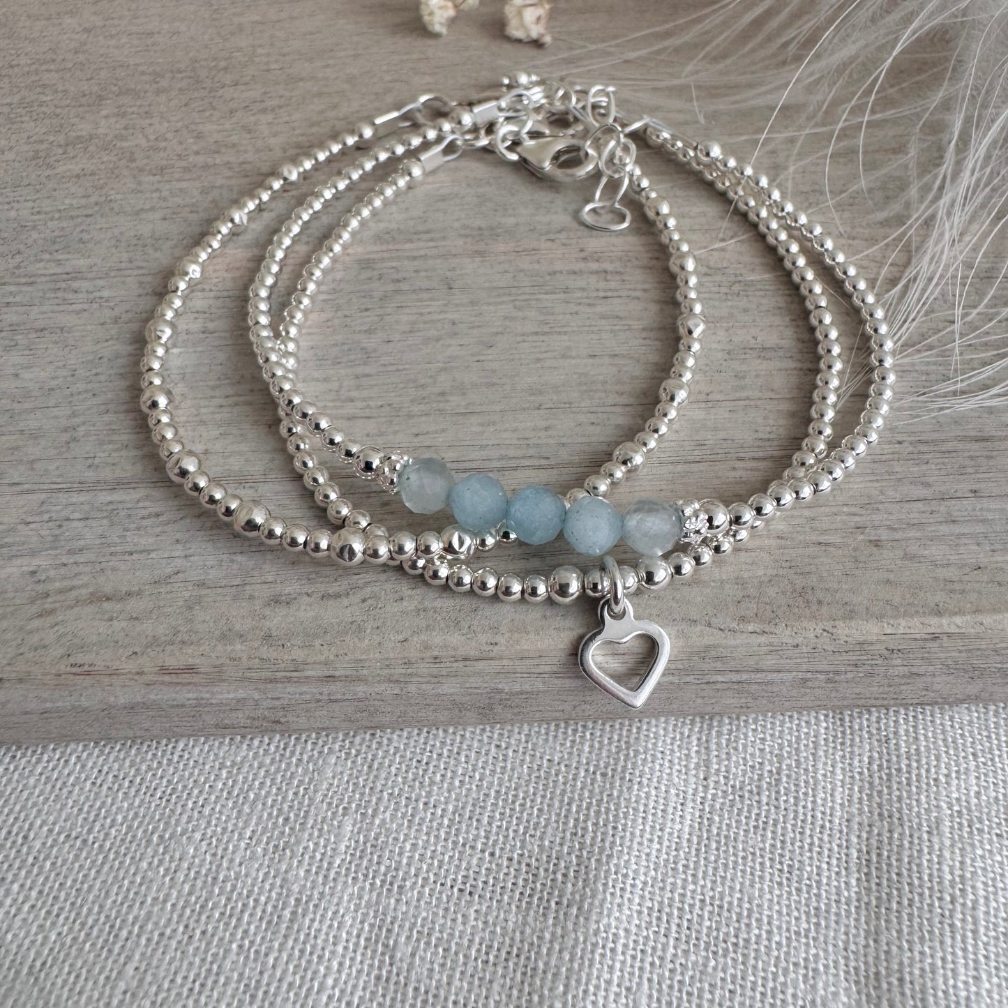 A Dainty March Birthstone Aquamarine Bracelet Set, March Stacking Bracelets for Women in Sterling Silver