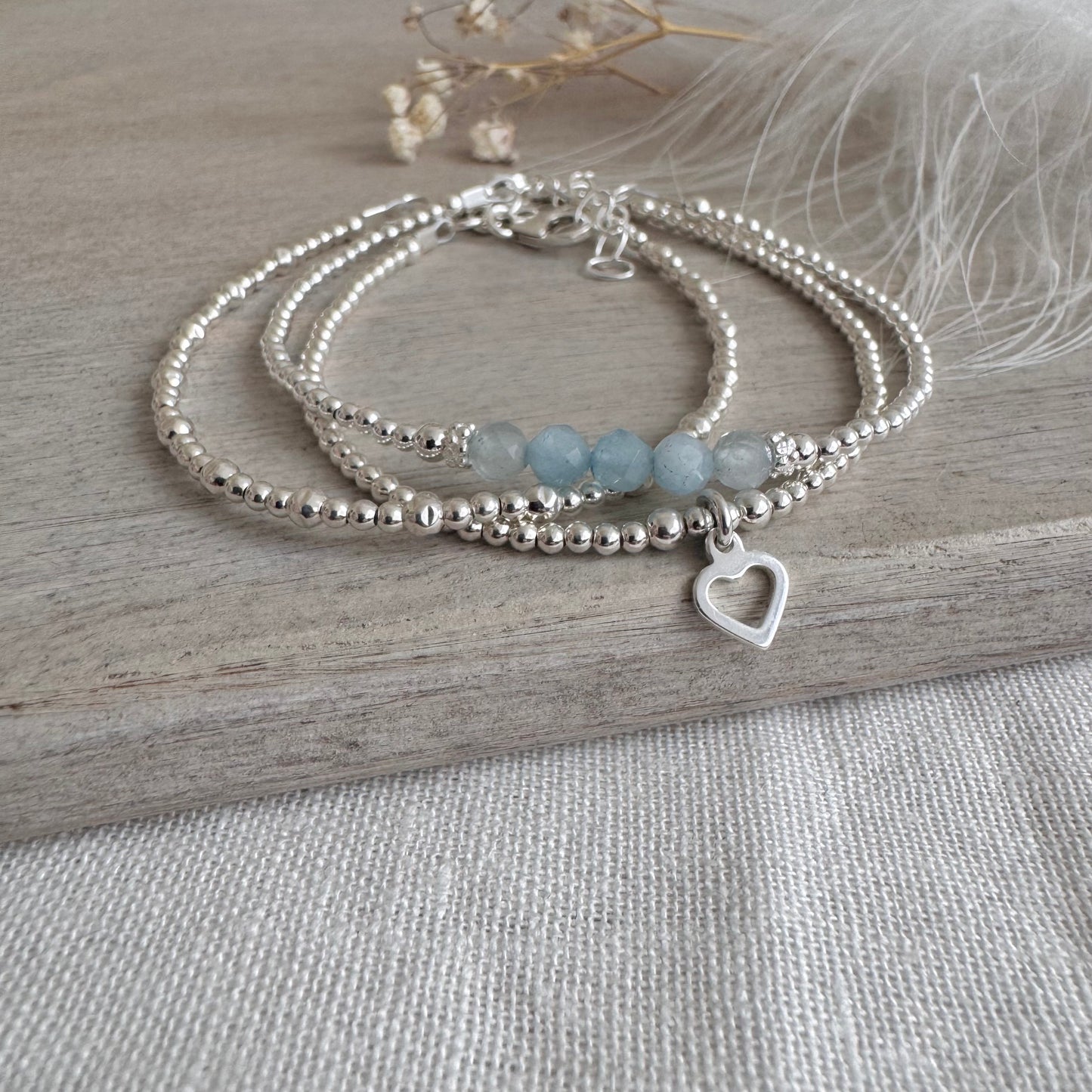 A Dainty March Birthstone Aquamarine Bracelet Set, March Stacking Bracelets for Women in Sterling Silver