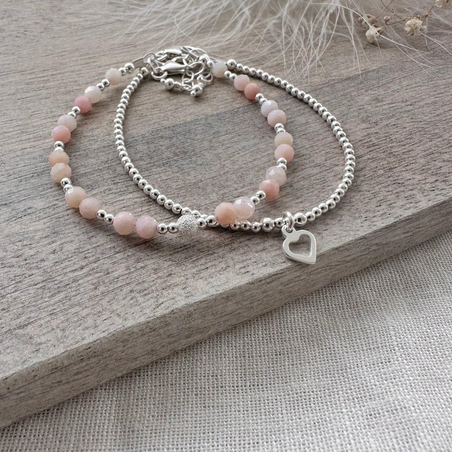 Set of 2 Pink Opal Bracelets, October Birthstone