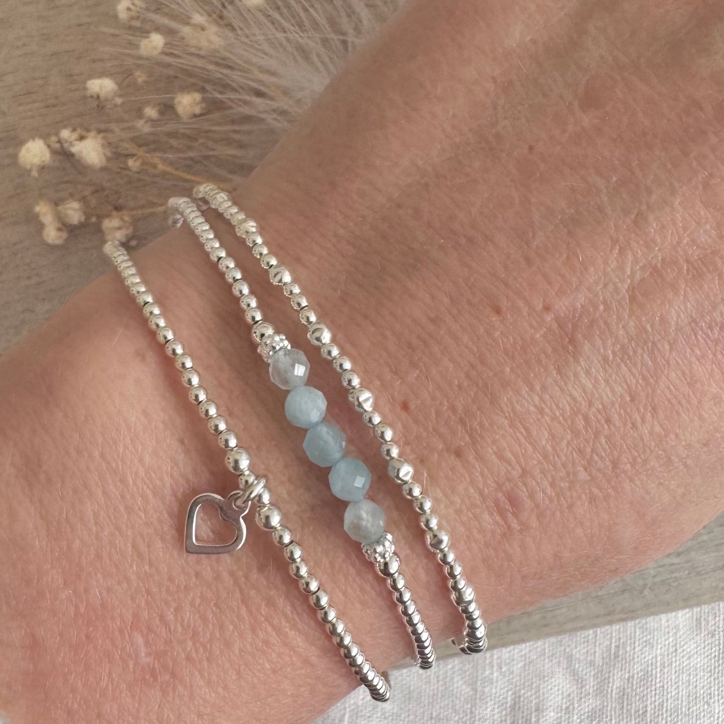 A Dainty March Birthstone Aquamarine Bracelet Set, March Stacking Bracelets for Women in Sterling Silver