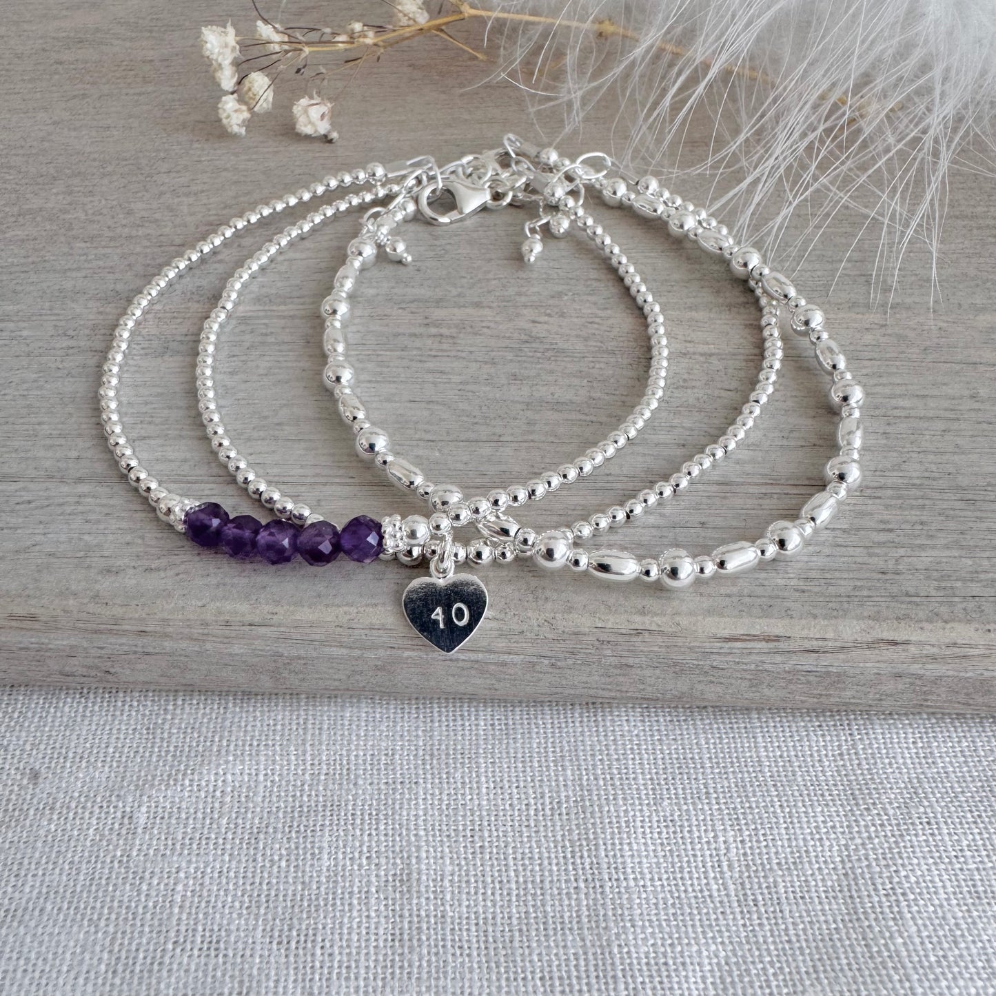 Birthstone Bead & Age Bracelet Set in Sterling Silver, 16th 18th 21st 30th 40th 50th 60th Layering Bracelet Set for Women