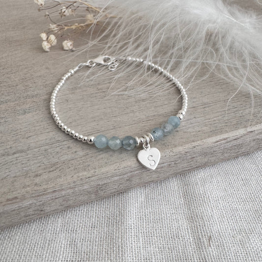 Personalised March Birthstone Bracelet, Dainty Aquamarine Bracelet in Sterling Silver