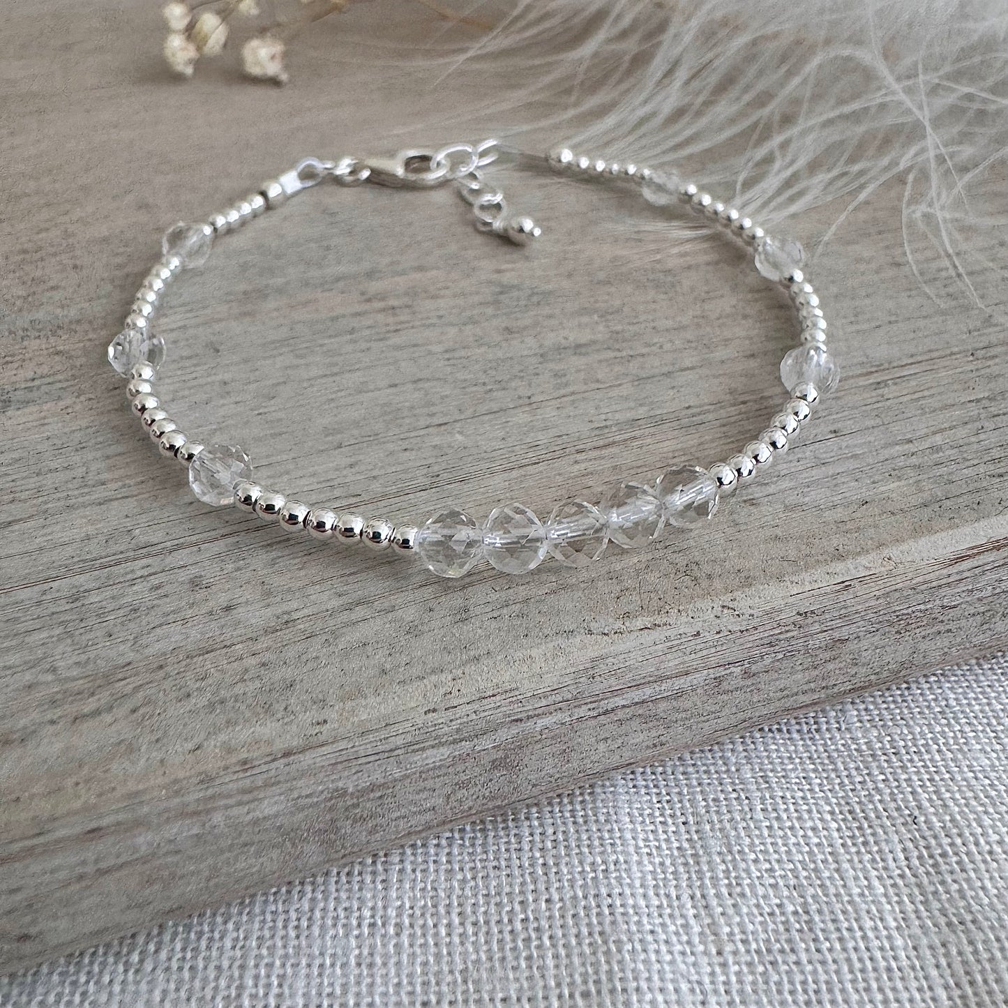 Dainty Rock Quartz Bracelet in Sterling Silver, April Birthstone