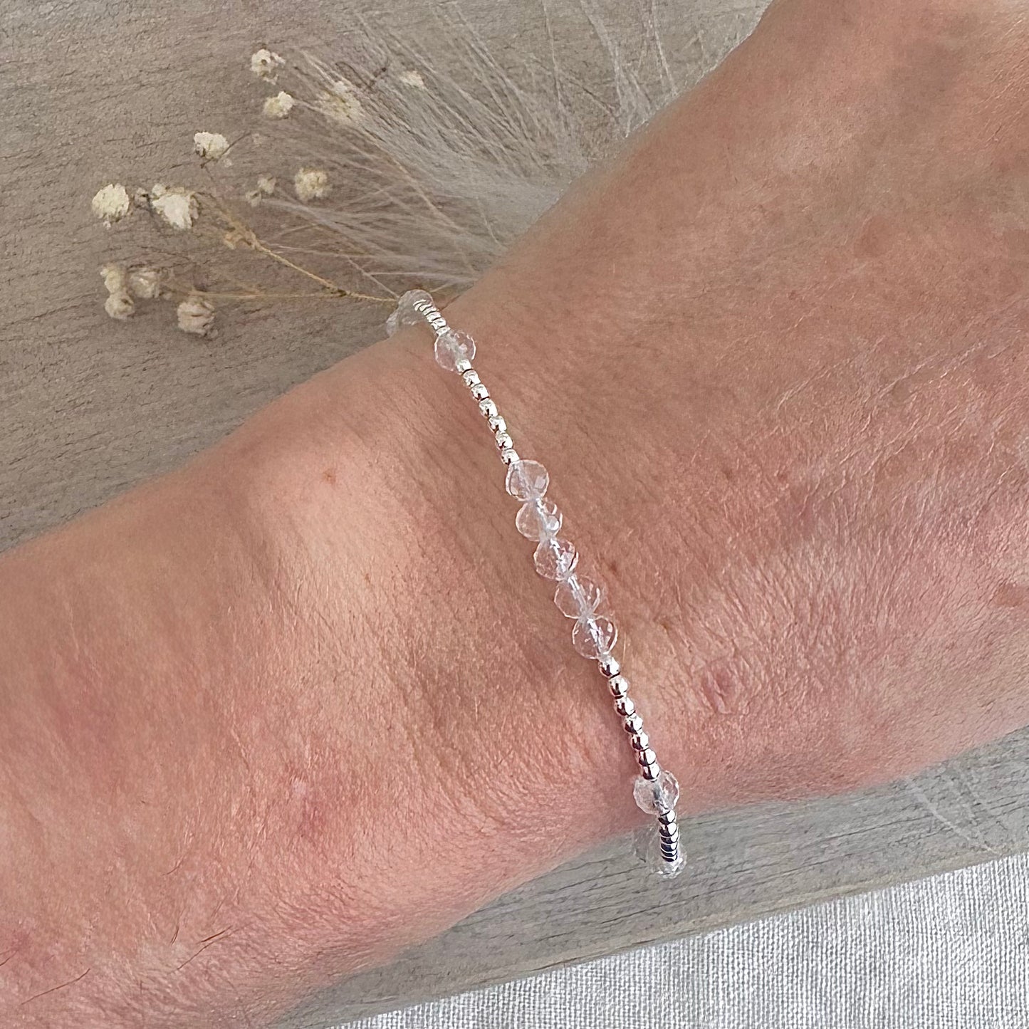 Dainty Rock Quartz Bracelet in Sterling Silver, April Birthstone