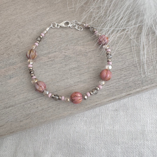 Soft Pink and Smokey Glass & Seed Bead Bracelet