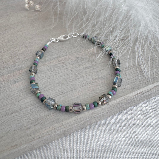 Purple and Green Glass & Seed Bead Bracelet