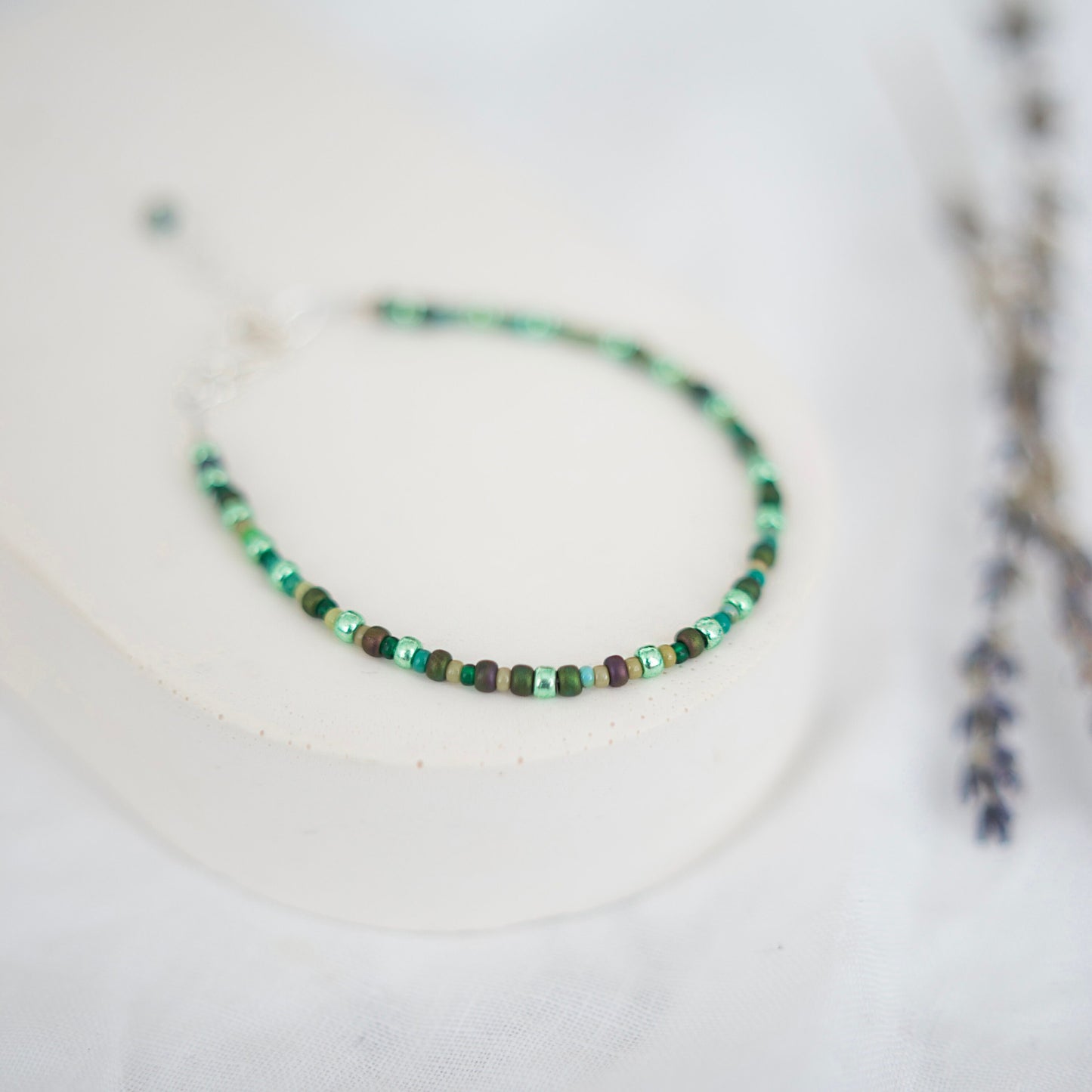 Thin Green Bracelet with seed beads shades of green