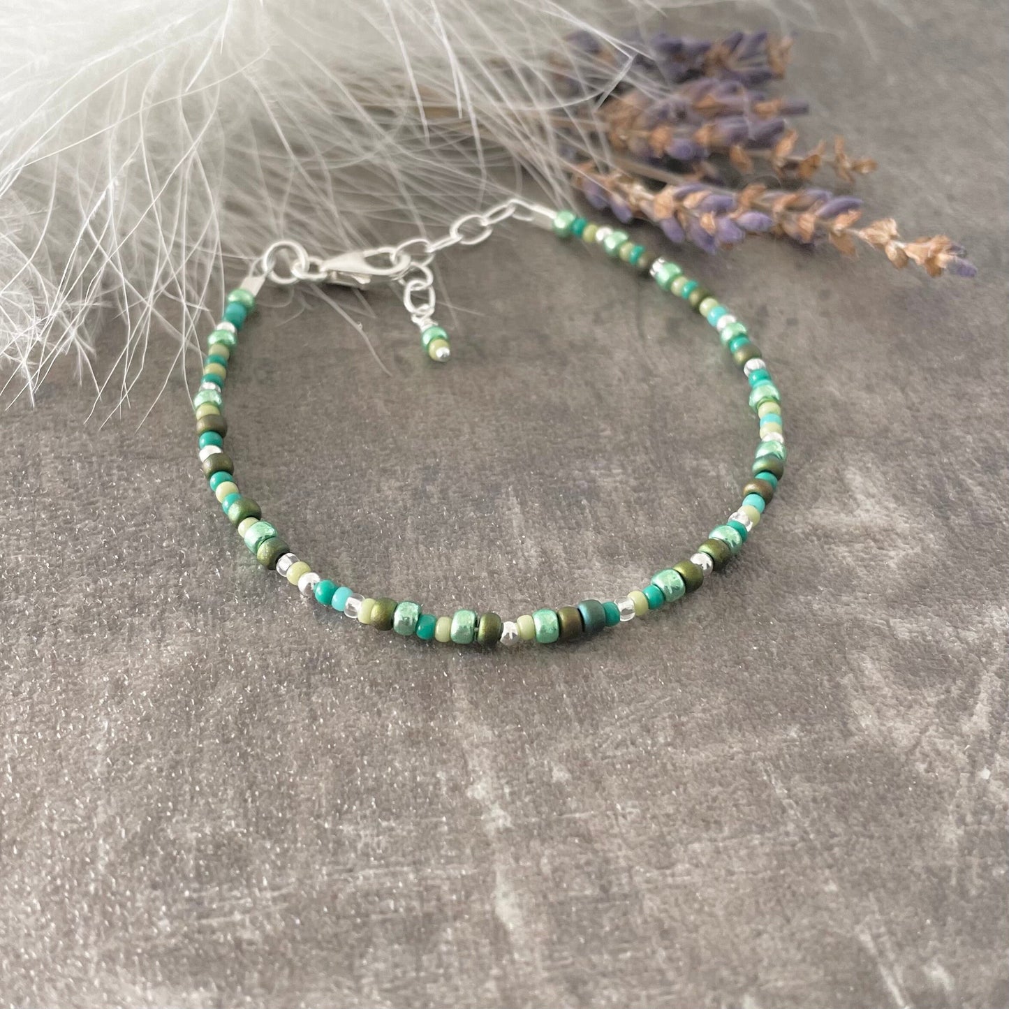 Thin Green Bracelet with seed beads shades of green