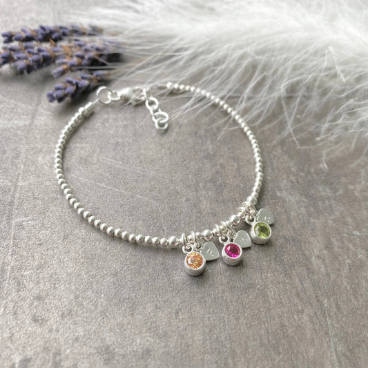 Personalised Cubic Zirconia Birthstone Charm Bracelet with Initials,  Mothers Day Gift for Mum