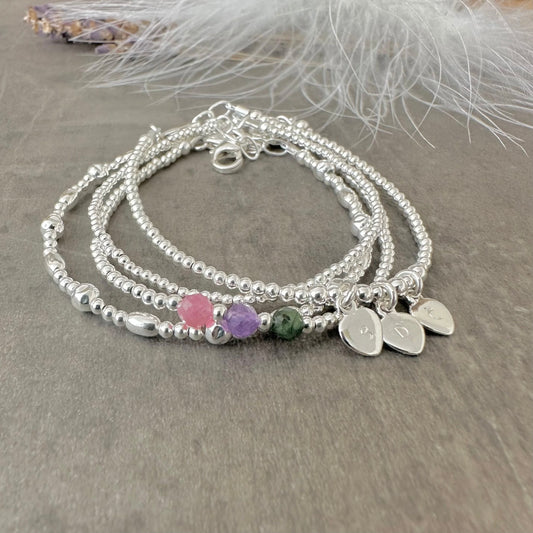 Family Birthstone & Initial Layering Bracelet Set, Dainty Family Jewellery