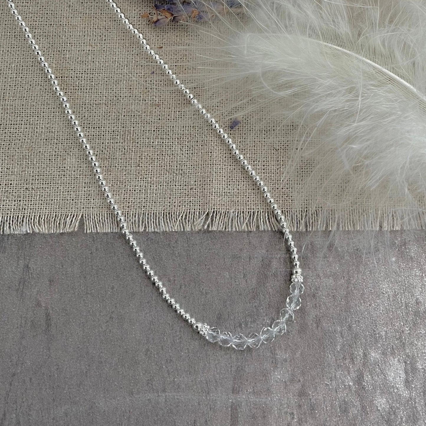 Thin Rock Quartz and Sterling Silver Bead Necklace, April Birthstone