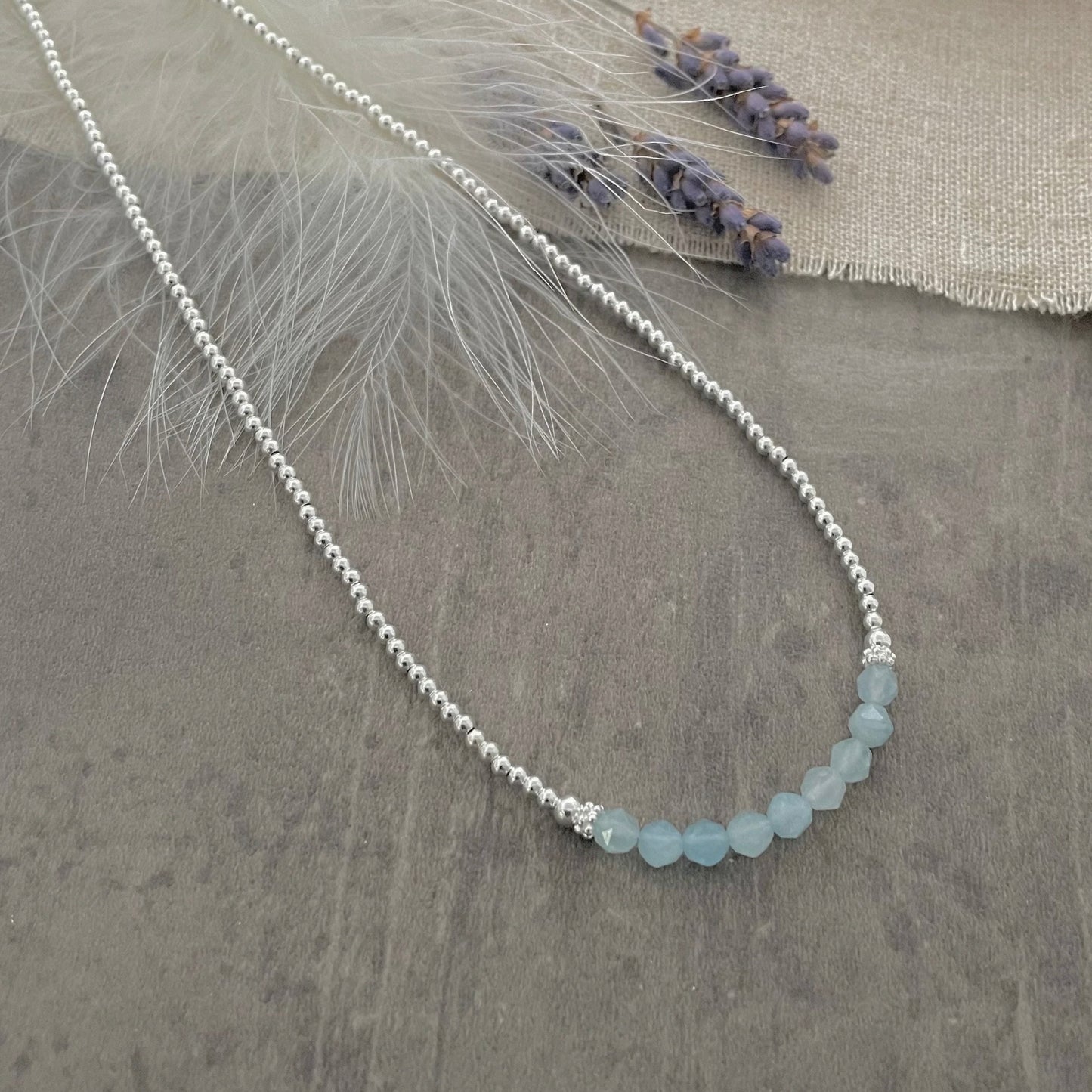 Thin Aquamarine and Sterling Silver Bead Necklace, March Birthstone