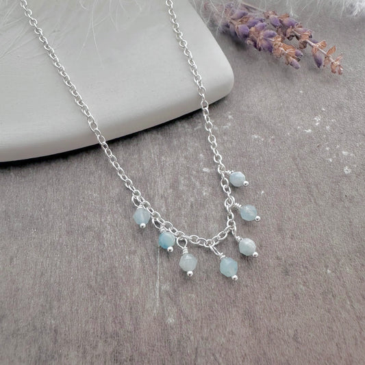 Dainty Aquamarine drops necklace sterling silver, March birthstone jewellery