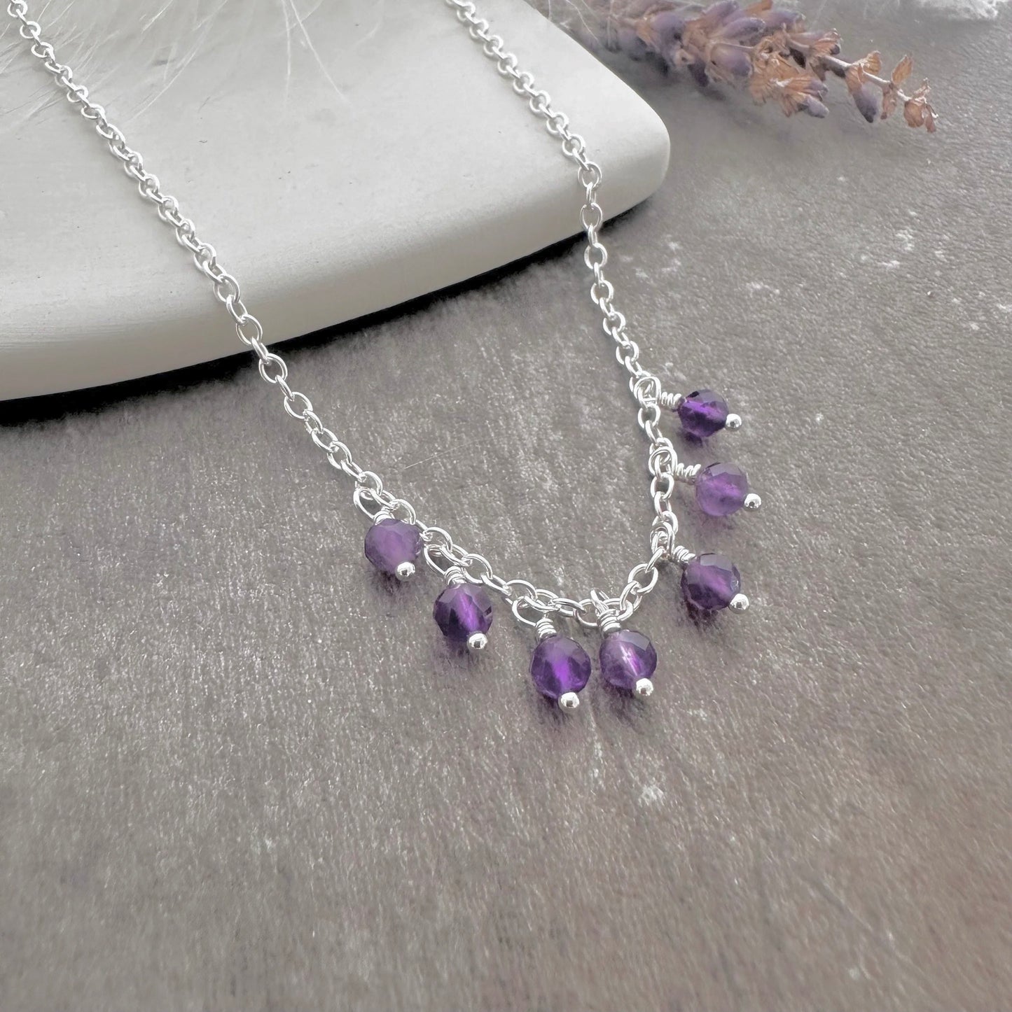 Dainty Amethyst drops necklace sterling silver, February birthstone jewellery