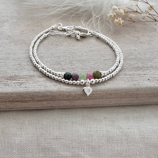 Personalised Multi Coloured Tourmaline Bracelet Set, October Birthstone Jewellery