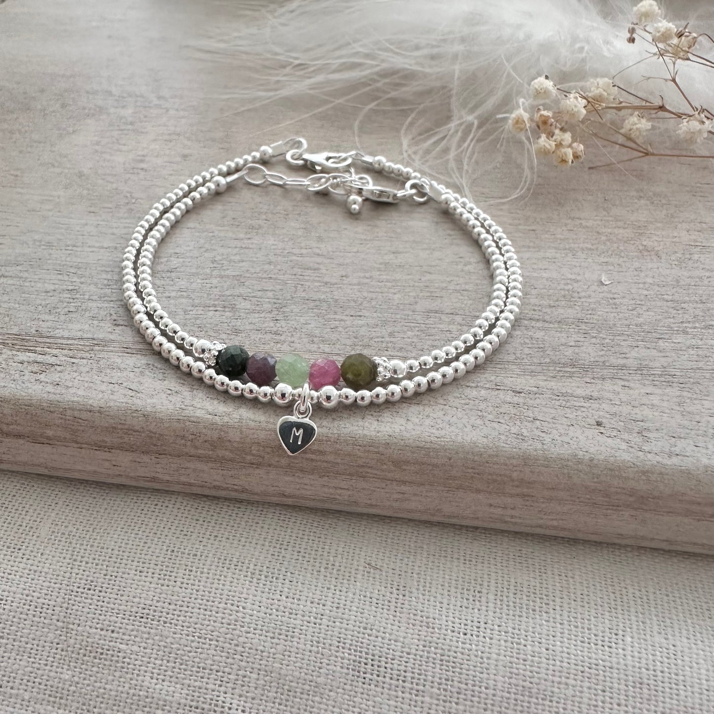 Personalised Multi Coloured Tourmaline Bracelet Set, October Birthstone Jewellery