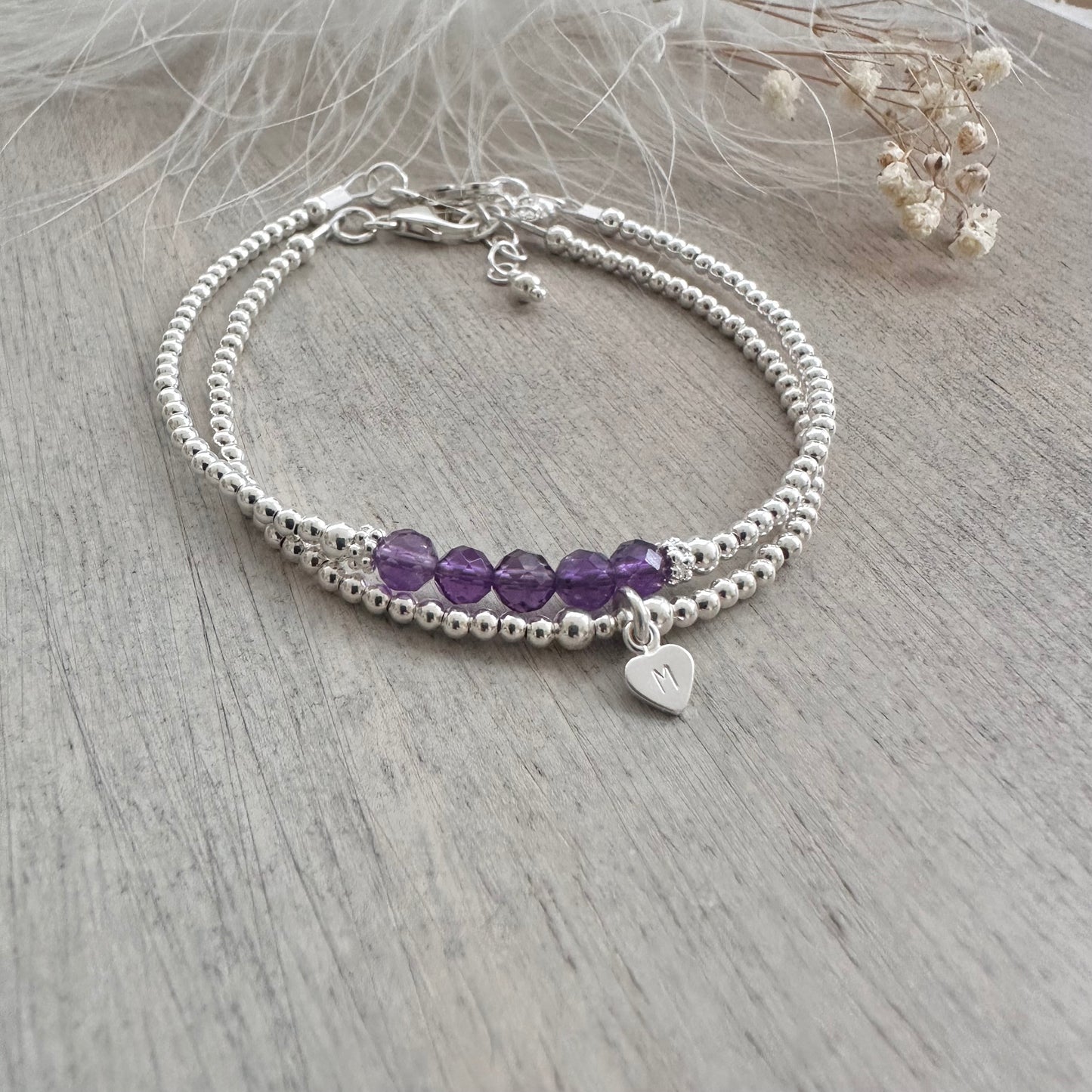 Personalised Amethyst Bracelet Set, February Birthstone Jewellery