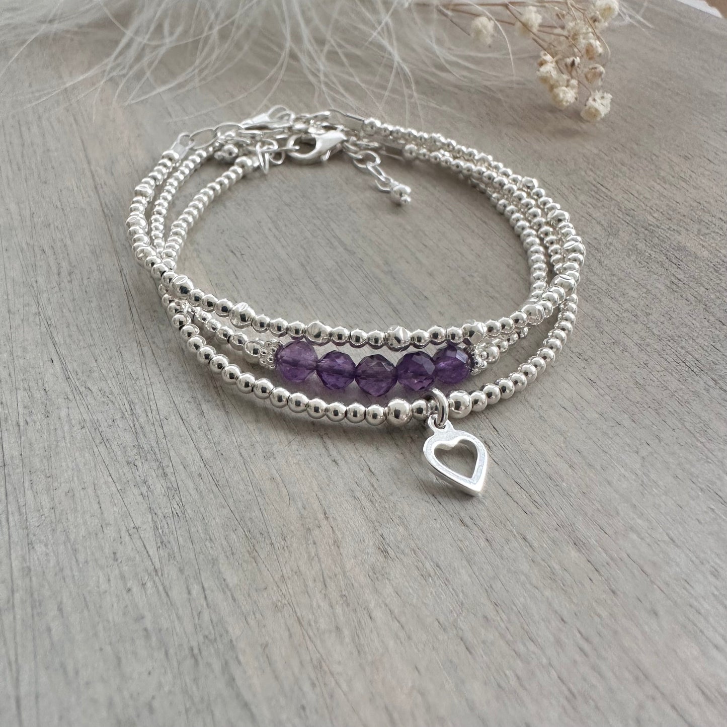 A Dainty February Birthstone Amethyst Bracelet Set, February Stacking Bracelets for Women in Sterling Silver