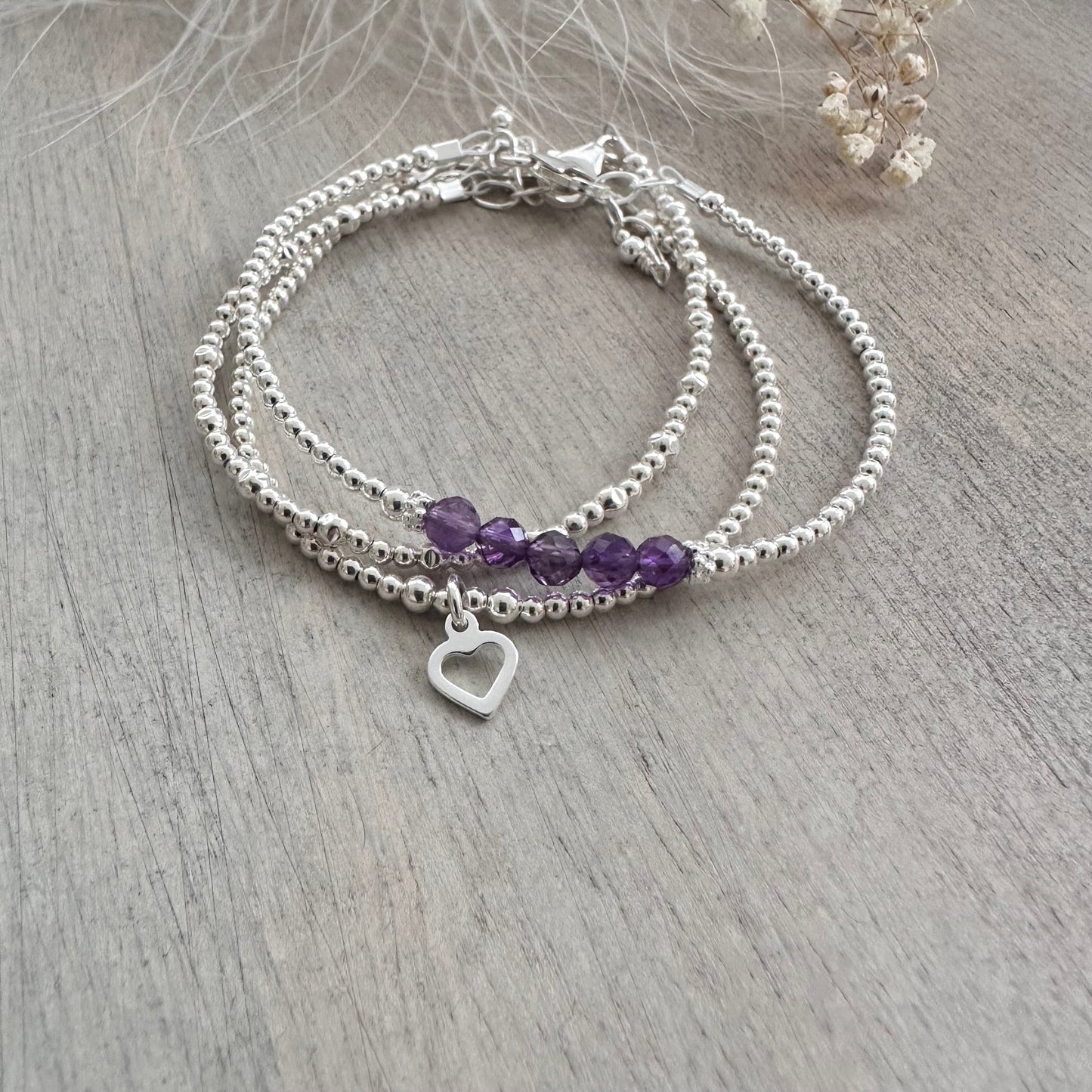 A Dainty February Birthstone Amethyst Bracelet Set, February Stacking Bracelets for Women in Sterling Silver