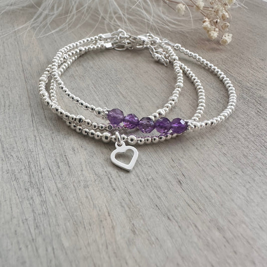 A Dainty February Birthstone Amethyst Bracelet Set, February Stacking Bracelets for Women in Sterling Silver