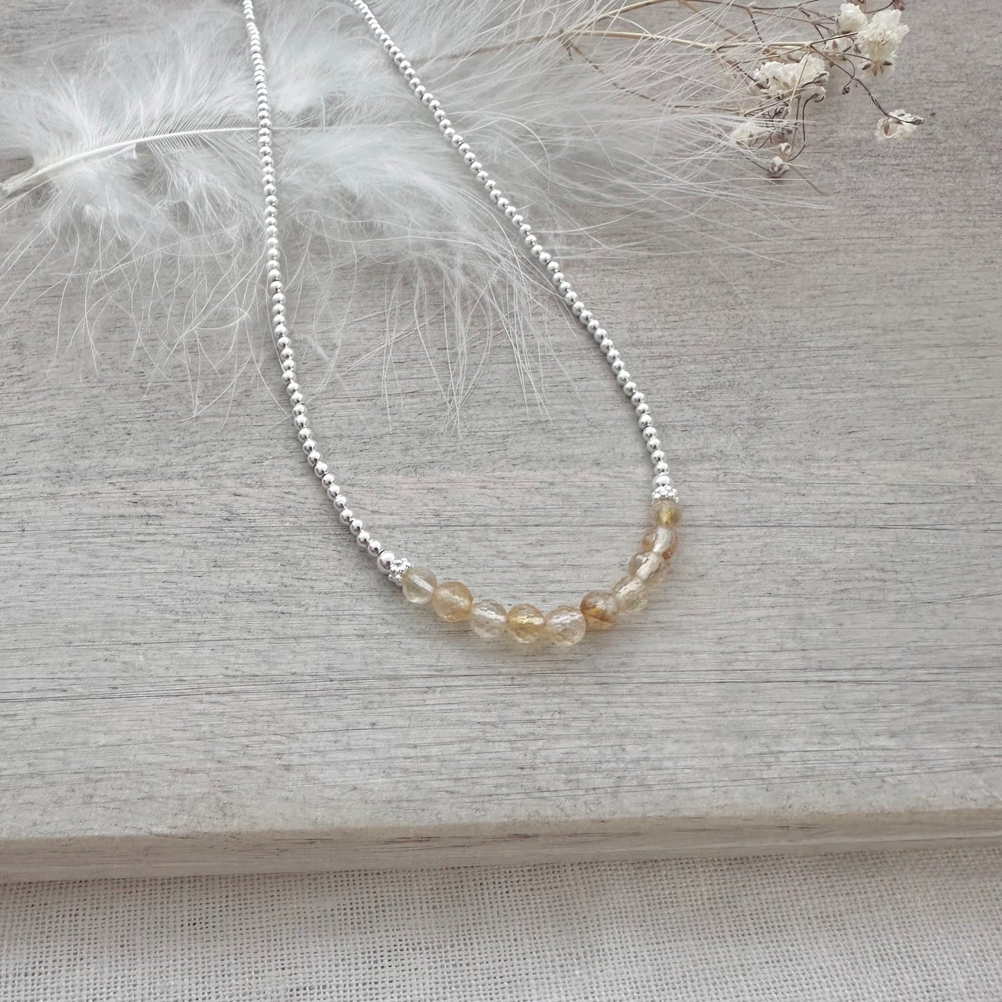 Thin Citrine and Sterling Silver Bead Necklace, November Birthstone