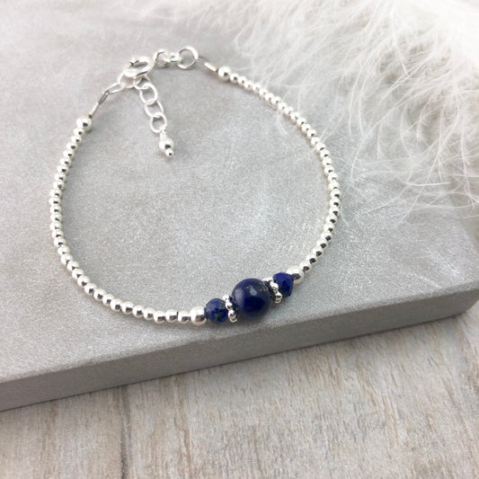 Blue Lapis Lazuli Gemstone Silver Bracelet, Dainty Thin Sterling bracelets for women