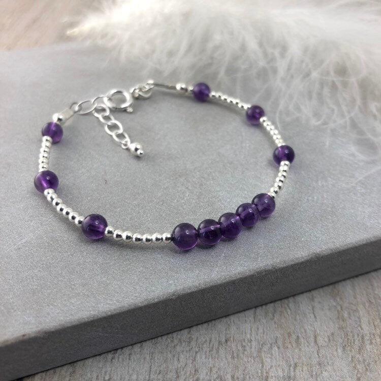 Dainty Amethyst Bracelet in Sterling Silver, February Birthstone