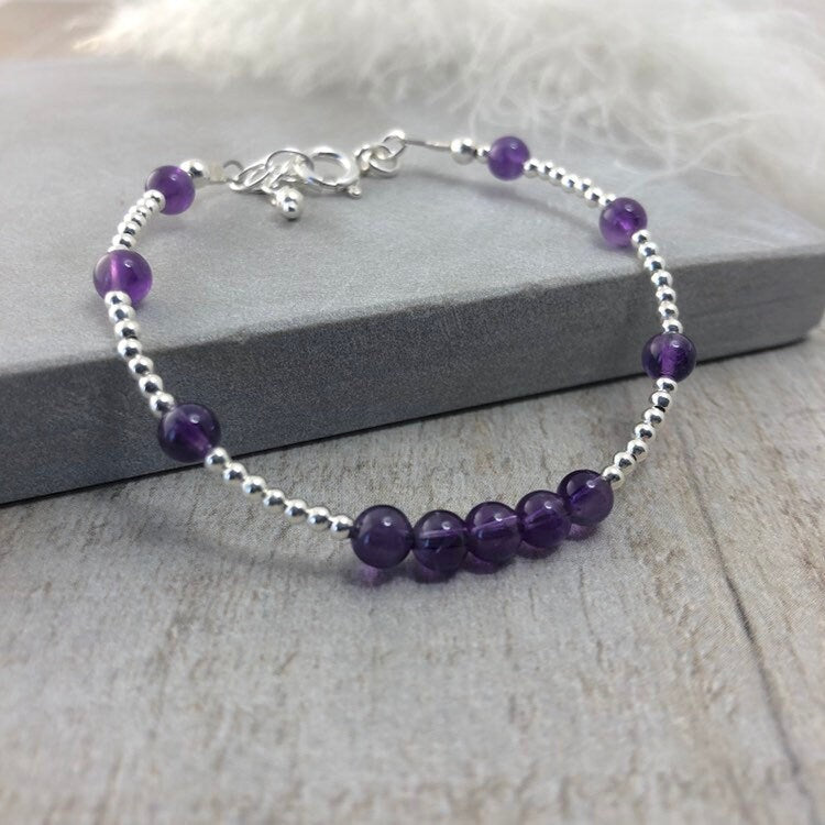 Dainty Amethyst Bracelet in Sterling Silver, February Birthstone