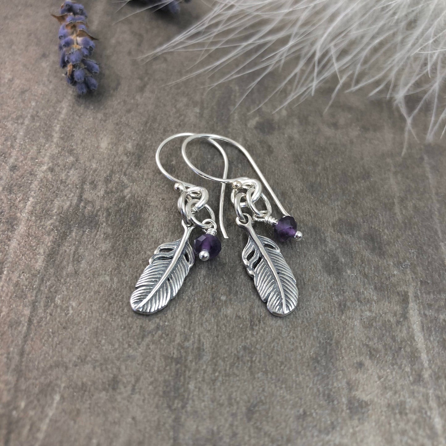 Silver Feather Earrings with birthstone and 925 sterling silver