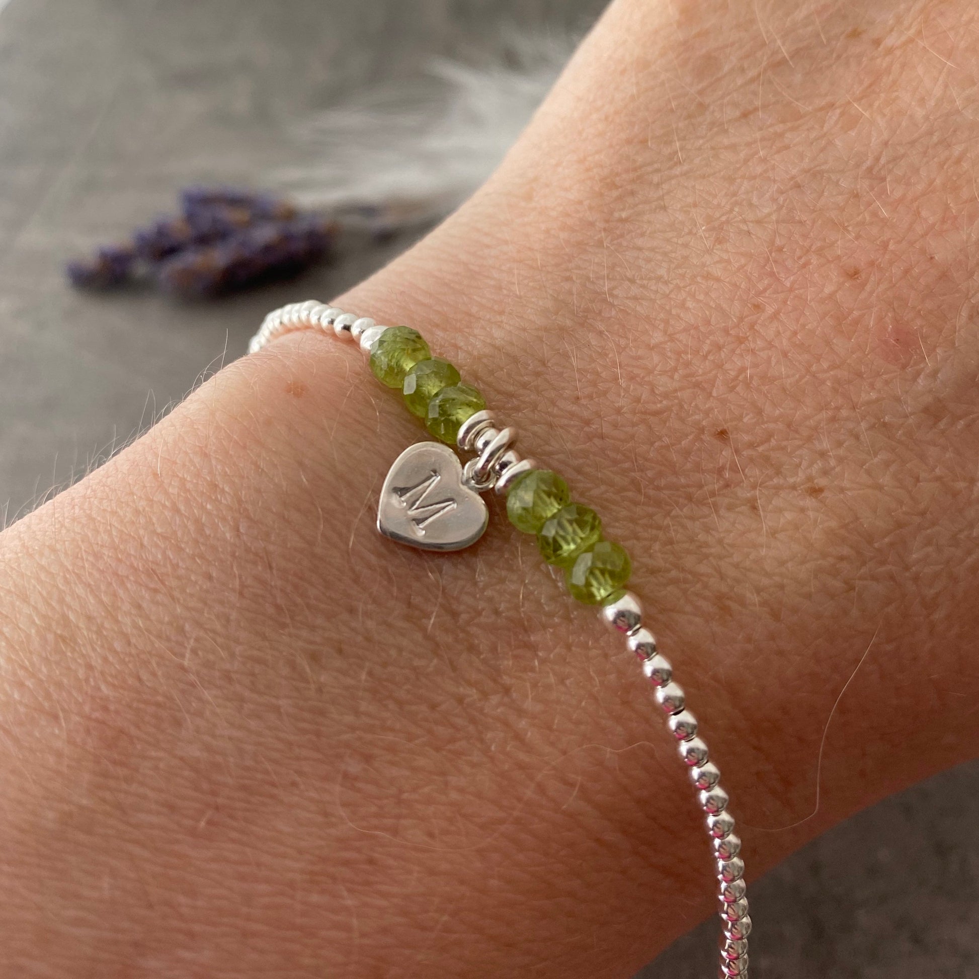 Personalised August Birthstone Bracelet, Dainty Peridot Bracelet in Sterling Silver