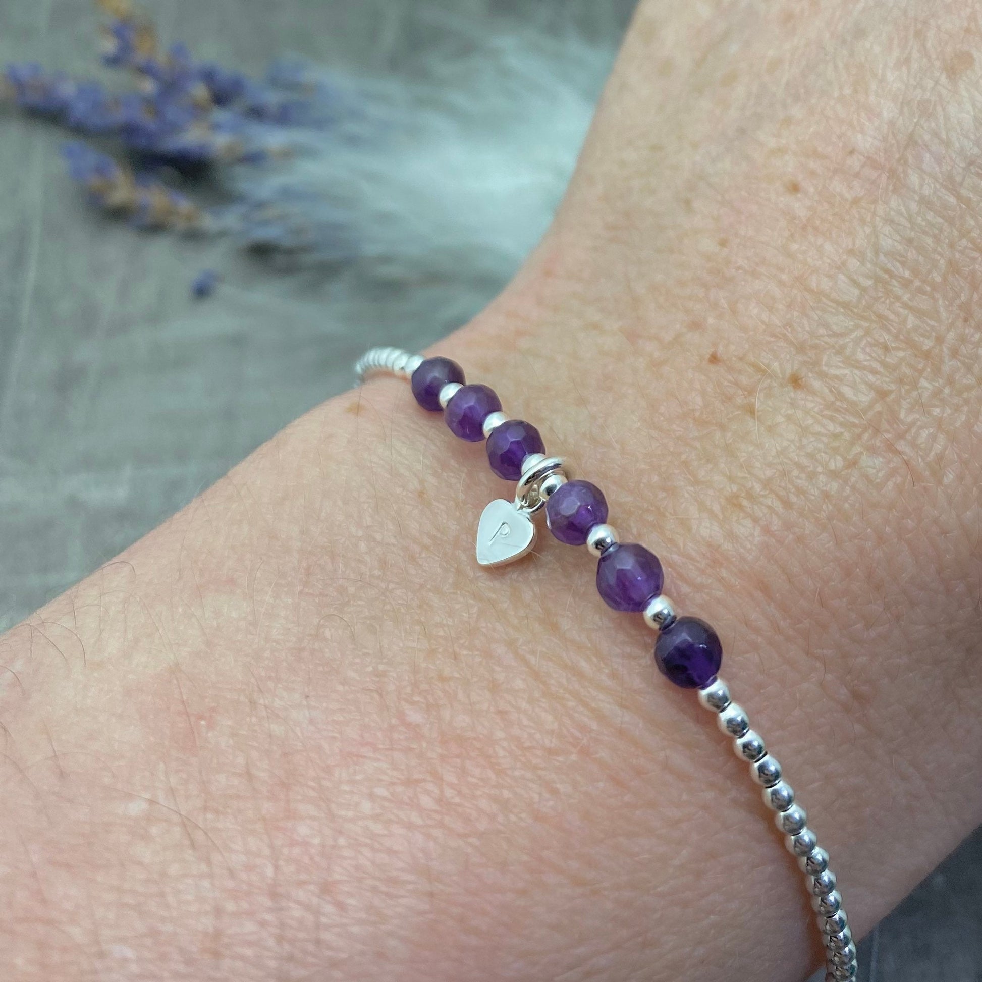 Personalised Amethyst Bracelet, Dainty February Birthstone Jewellery in Sterling Silver