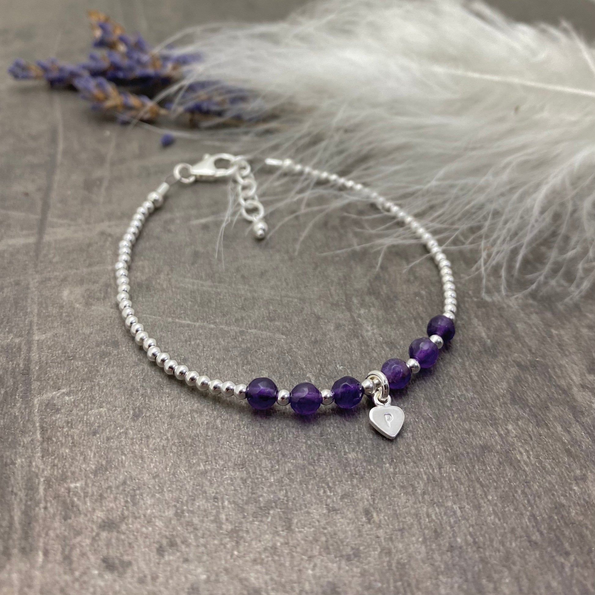 Personalised Amethyst Bracelet, Dainty February Birthstone Jewellery in Sterling Silver