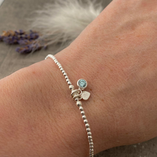 Dainty March Birthstone CZ Initial Bracelet, Personalised Jewellery