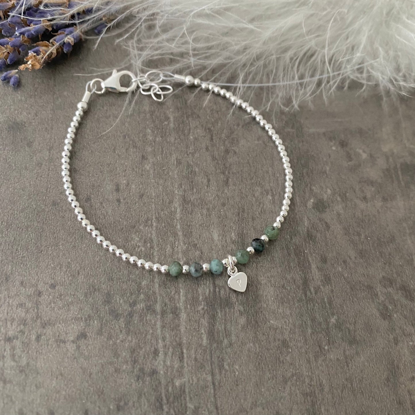 Personalised Emerald Bracelet, Dainty May Birthstone Jewellery in Sterling Silver, Initial Bracelet, Silver Bracelets for Women