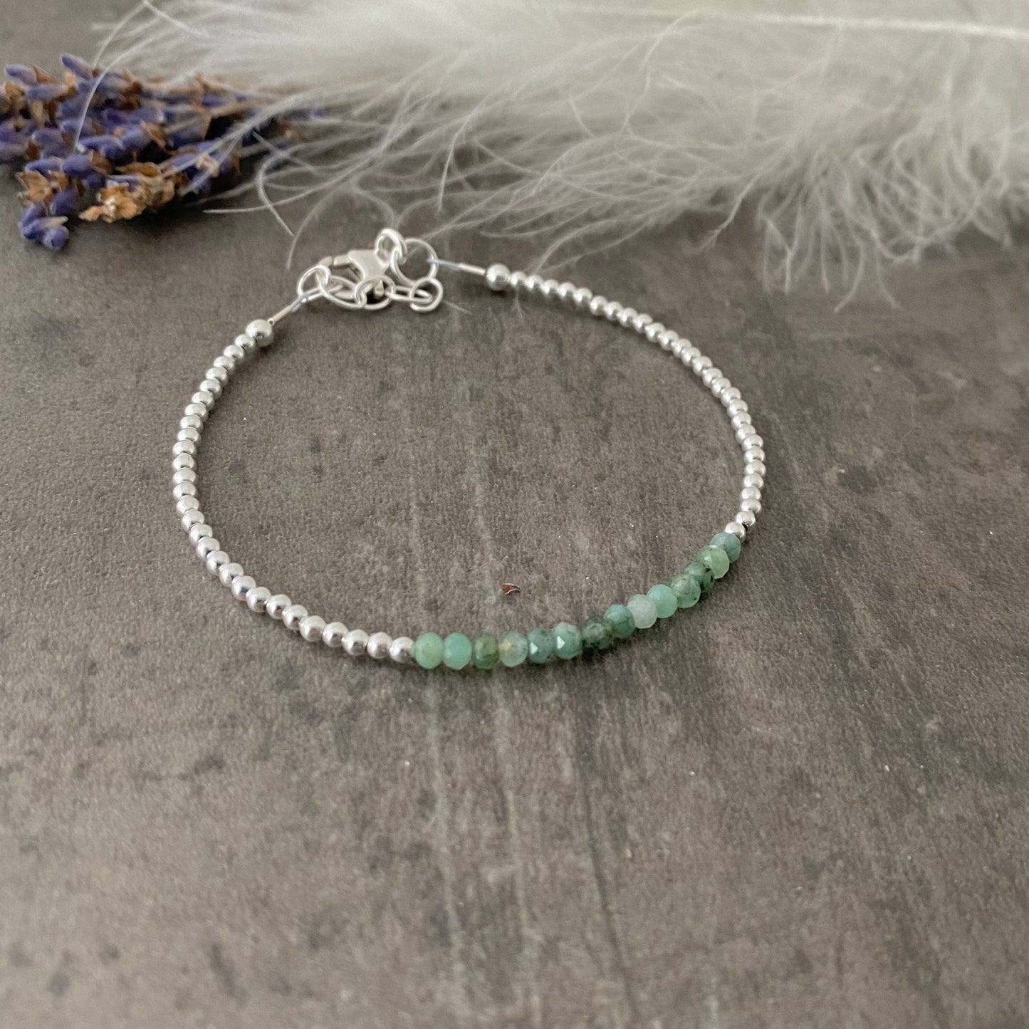 Green Emerald May Birthstone Bracelet, dainty stacking bracelet in sterling silver