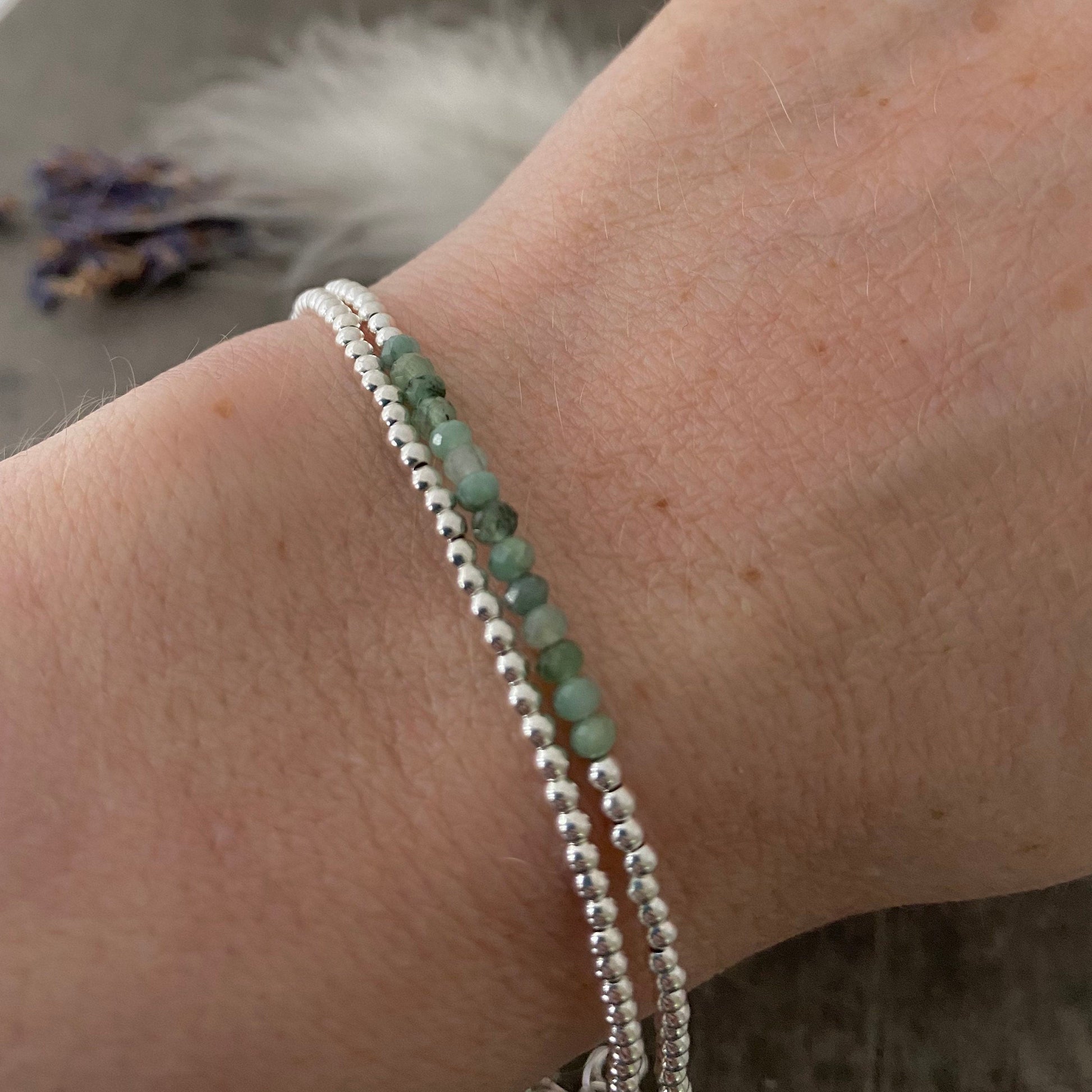 Two Stacking Bracelet Set with Green Emerald, May Birthstone