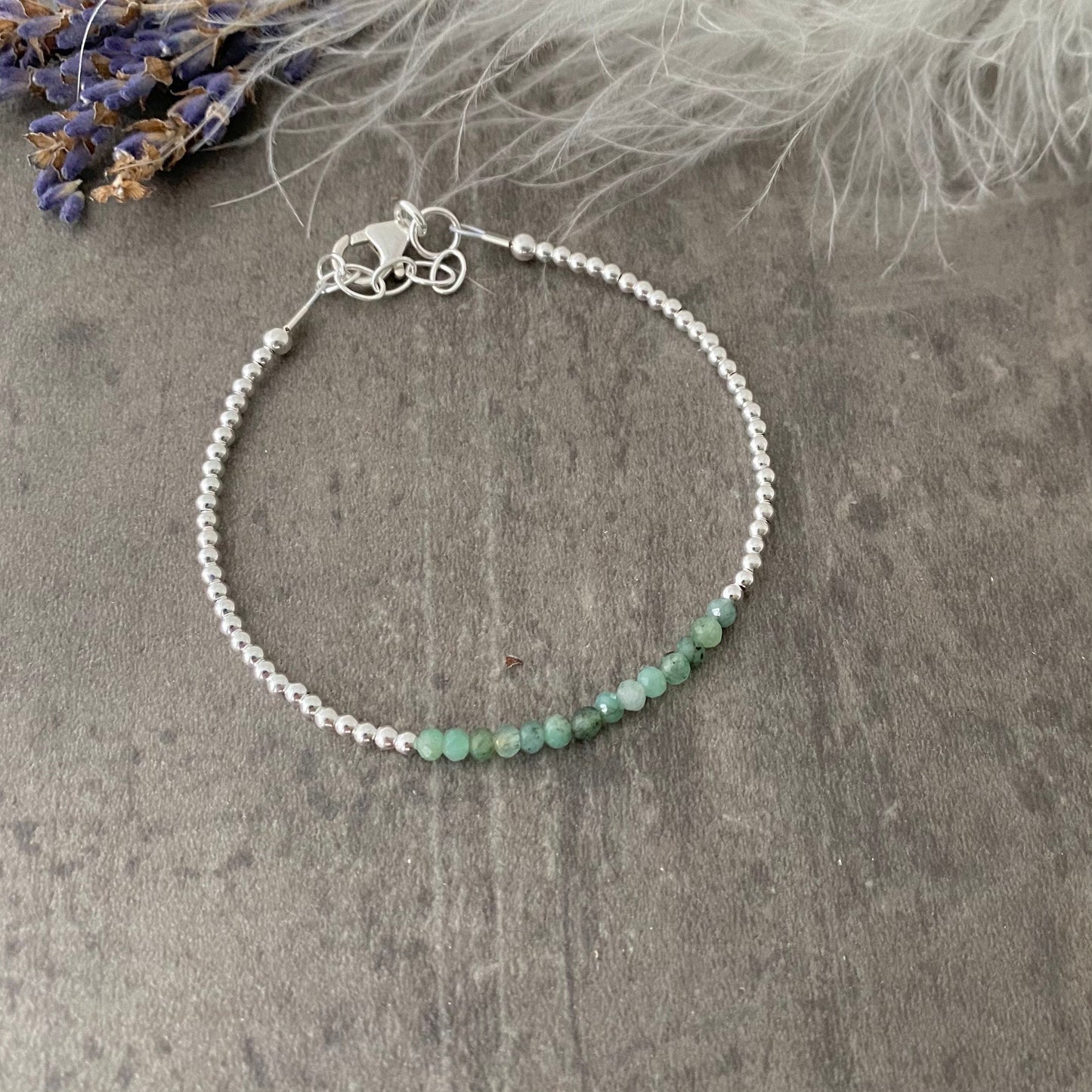 Green Emerald May Birthstone Bracelet, dainty stacking bracelet in sterling silver