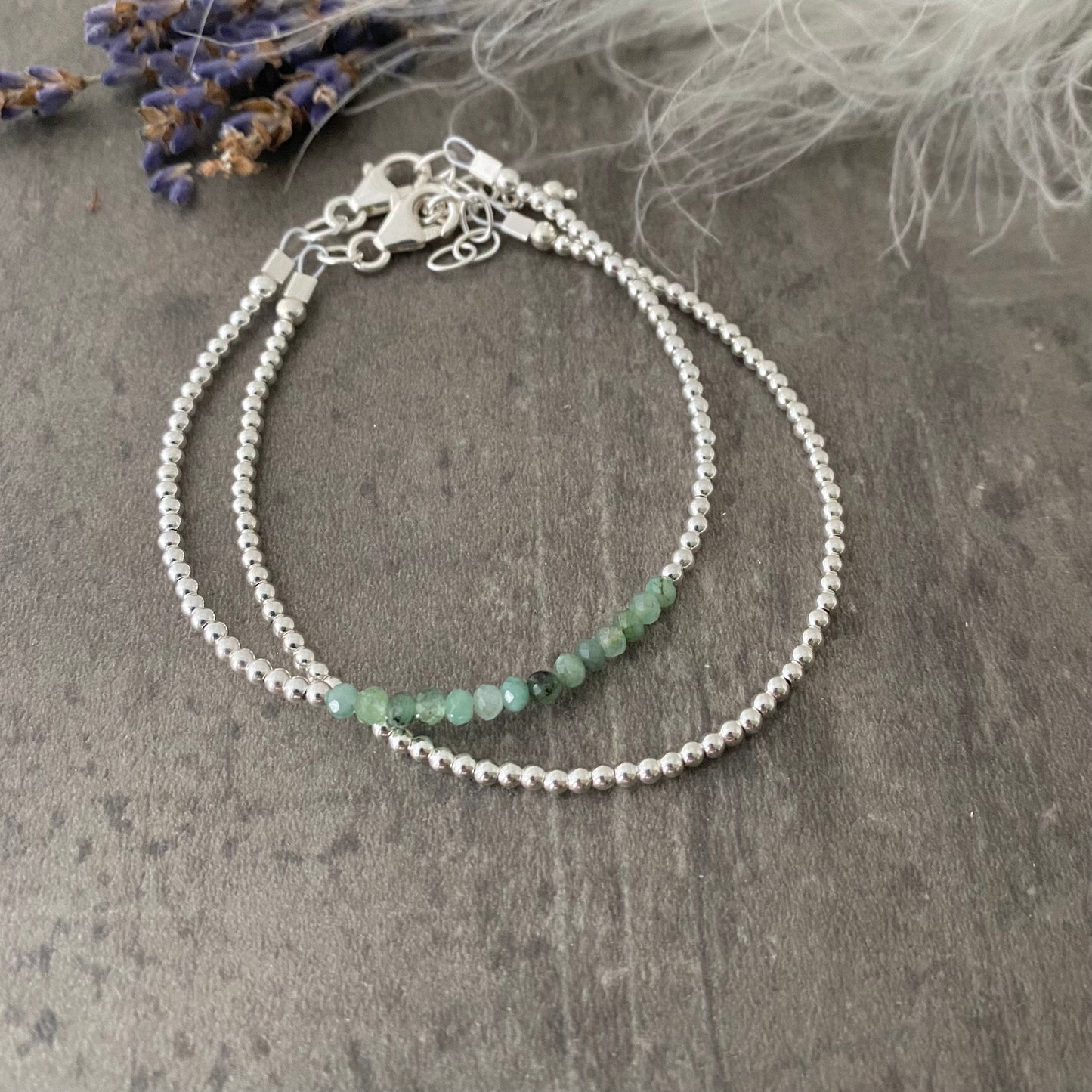 Two Stacking Bracelet Set with Green Emerald, May Birthstone