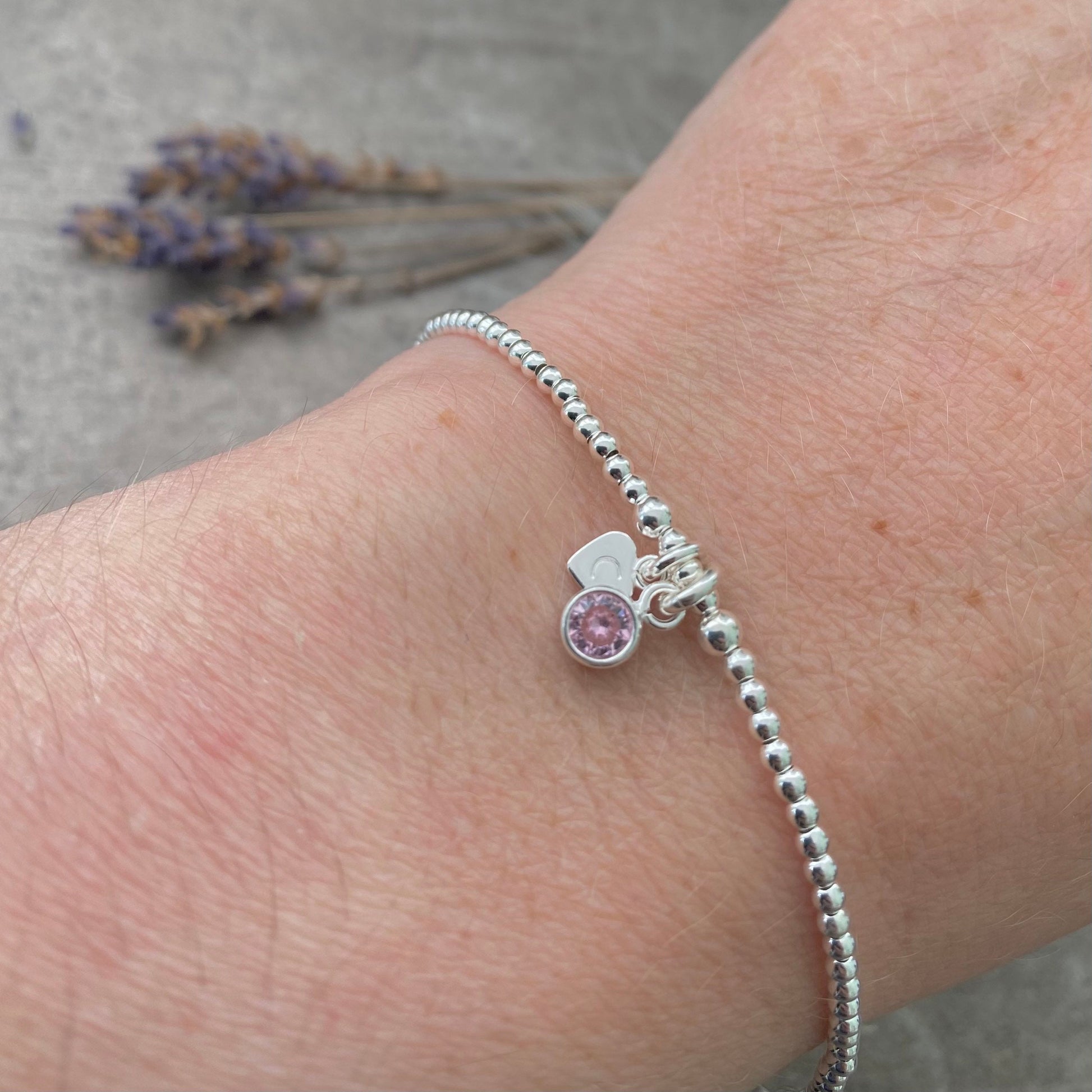 Dainty June Birthstone Initial Bracelet, Personalised Cubic Zirconia Sterling Silver