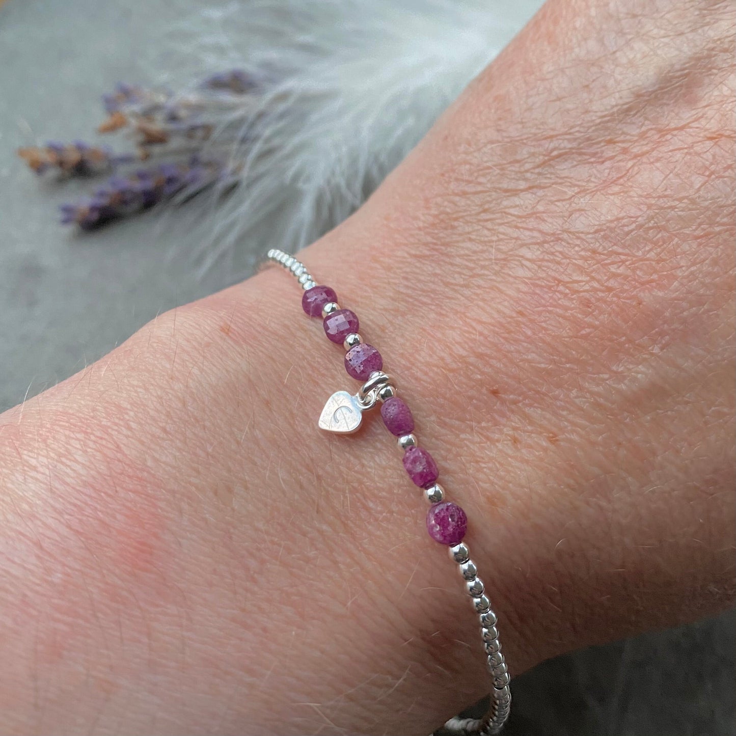 Dainty Personalised Ruby Bracelet, July Birthstone Jewellery in Sterling Silver