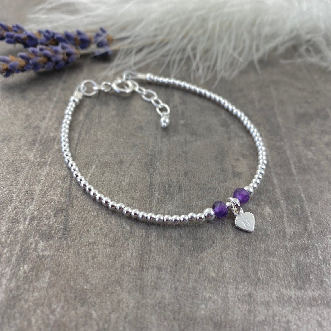 Dainty Personalised Initial Charm Birthstone Bracelet in Sterling Silver , birthstone bracelets