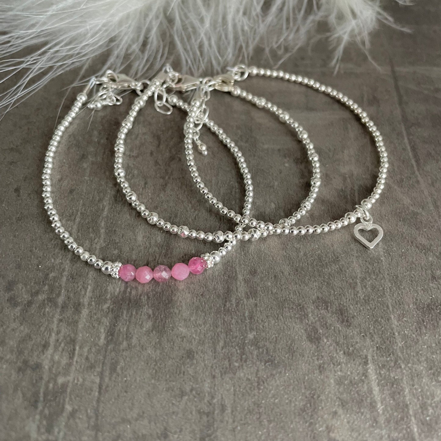 October Birthstone Pink Tourmaline Bracelet Set, Dainty Sterling Silver Stacking Bracelets for Women