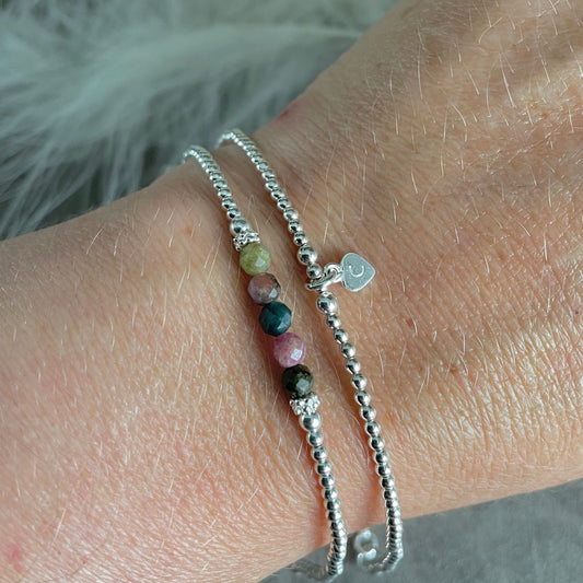 Personalised Multi Coloured Tourmaline Bracelet Set, October Birthstone Jewellery, Initial Bracelets, Multi Coloured Tourmaline Jewellery